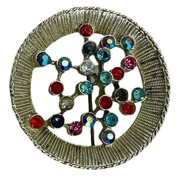 Vintage Floral Round Brooch Pin Gold Tone Metal Multicolor Stones Estate Jewelry - Picture 1 of 3